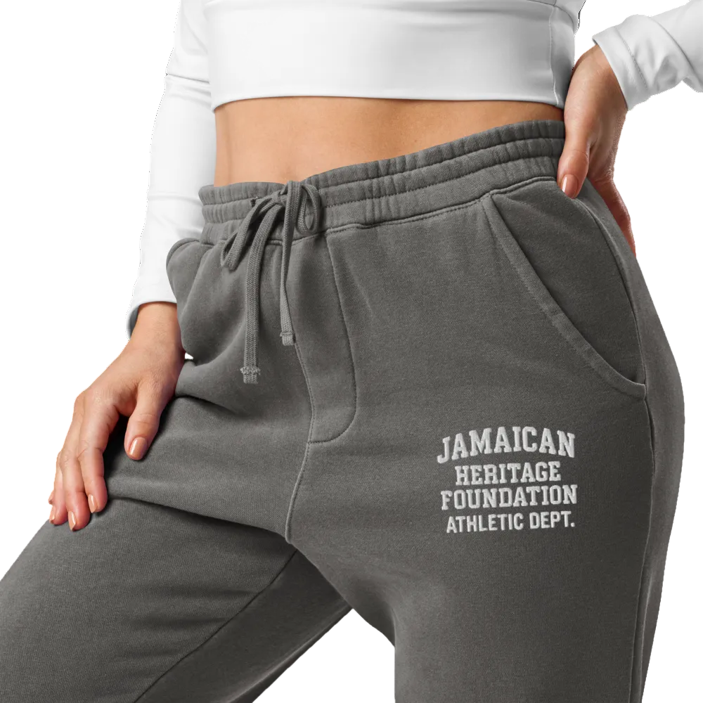 Gray sweatpants with text on a white background